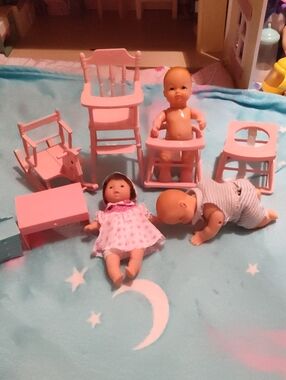 Vintage Pink Doll Nursery Furniture Set with High Chair & Rocker